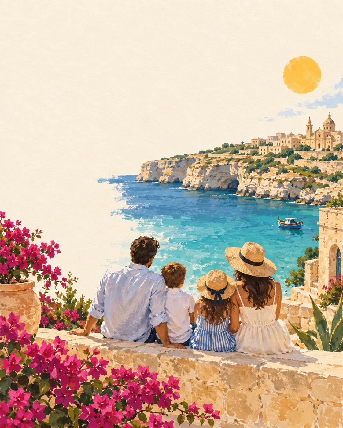 Rodzina patrzy na wybrzeże Gozo w malarskiej scenie